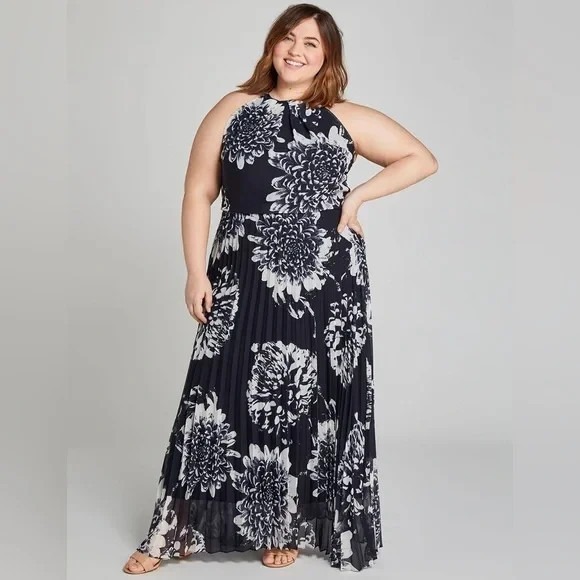 Lane Bryant Chiffon Overlay Pleated Maxi Halter Dress Navy Floral Plus Size 18 - Picture 14 of 15